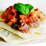 Arugula Goat Cheese Ravioli Tomato Pancetta Sauce
