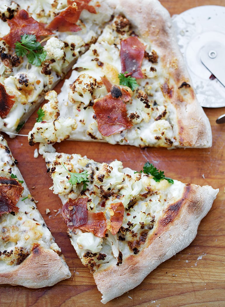 Roasted Cauliflower Pizza with Bechamel Sauce and Prosciutto