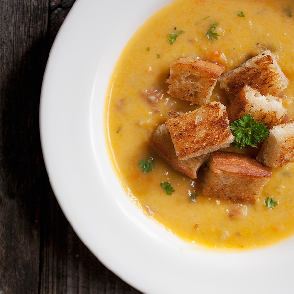 Roasted Butternut Chowder with Bacon Croutons