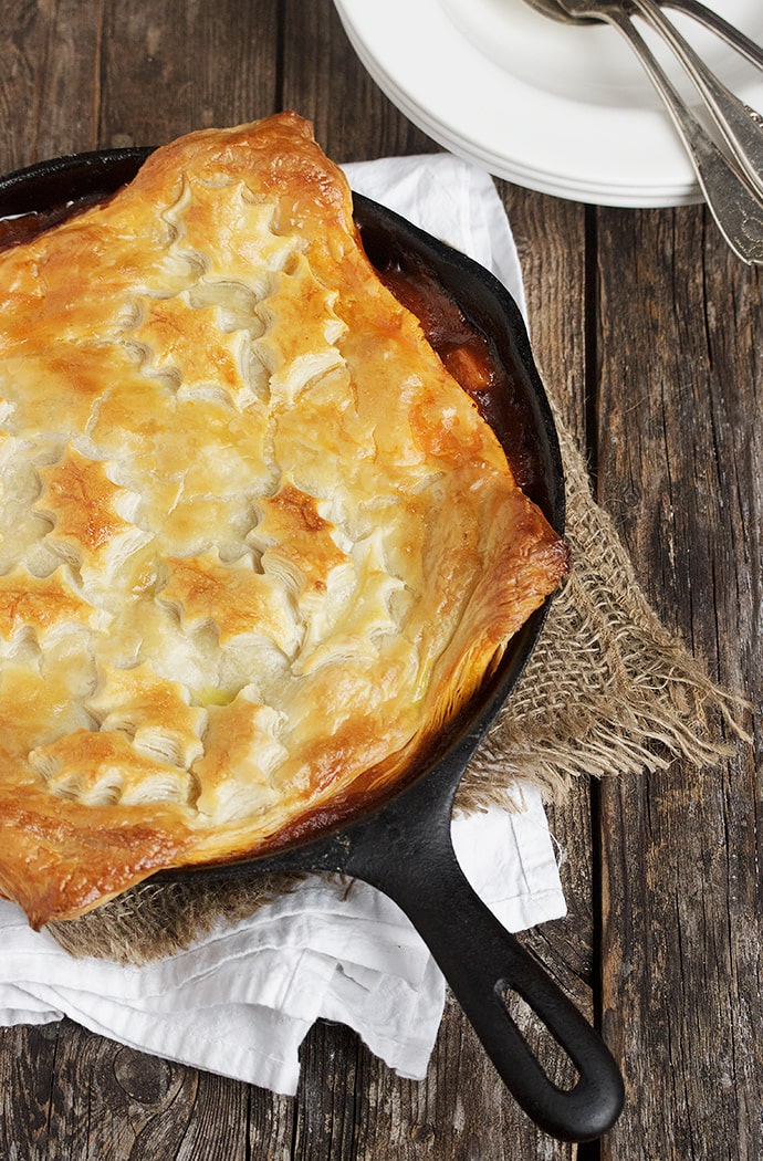 Skillet Beer-Braised Beef and Vegetable Pot Pie with a Puff Pastry Topping