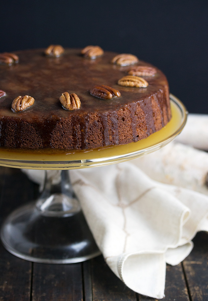 Pecan Banana Cake with a Warm Rum Toffee Sauce - a cozy, comforting Winter dessert, perfect for entertaining.