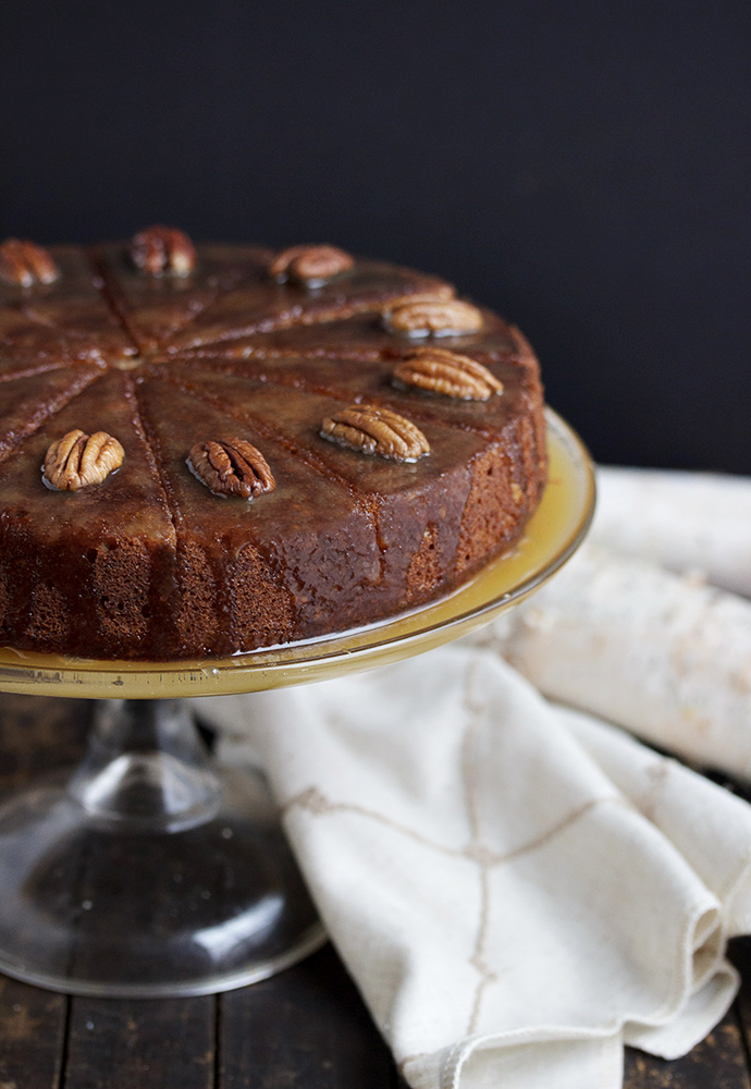 Pecan Banana Cake with a Warm Rum Toffee Sauce - a cozy, comforting Winter dessert, perfect for entertaining.