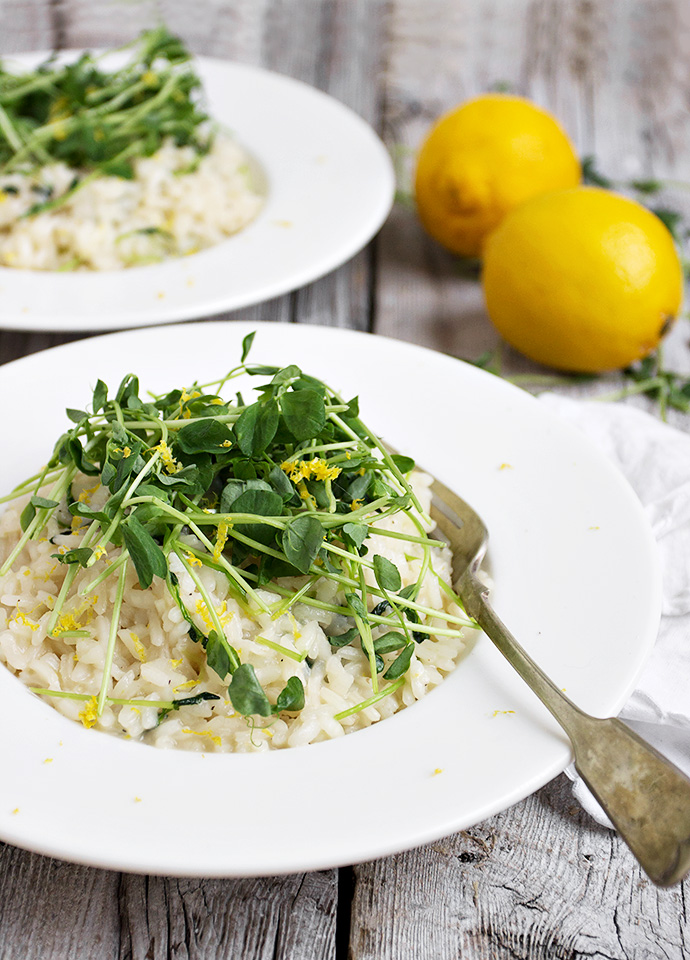 Lemon Risotto with Pea Shoots - a delicious meatless main or perfect as a side dish with any meat.