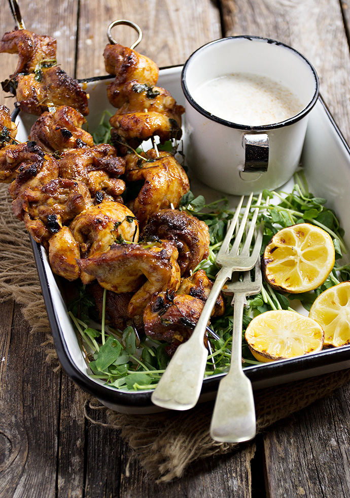 Portuguese Chicken Skewers with Cilantro Yogurt Dip