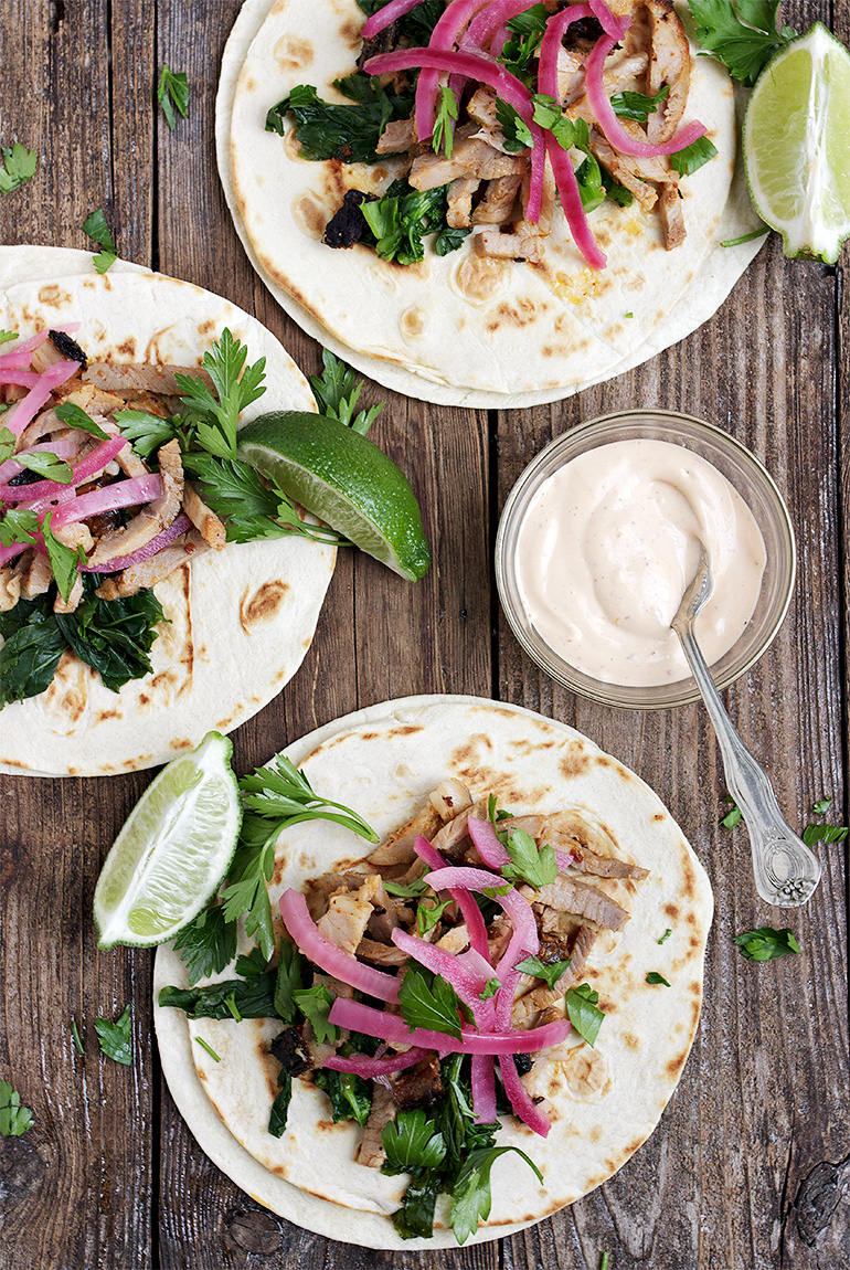 Porchetta Tacos with Broccoli Rabe, Pickled Onions and Chipotle Mayo