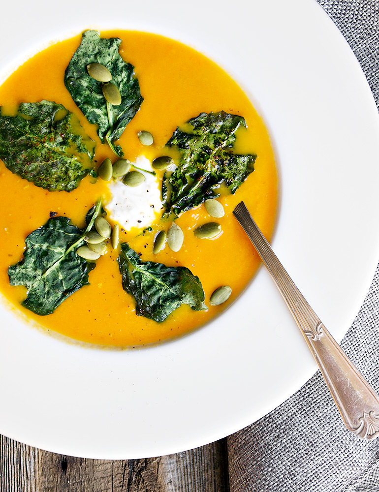 Roasted Carrot and Ginger Soup with Kale Chips and Whipped Goat Cheese