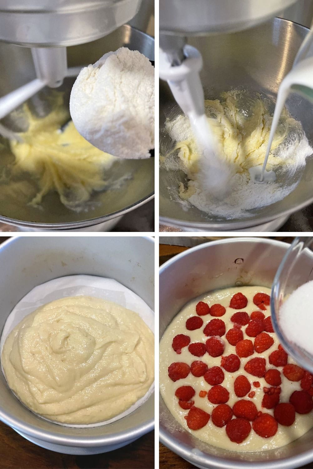 photo collage of steps to make buttermilk raspberry cake