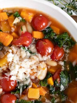 Fall vegetable soup in white bowl