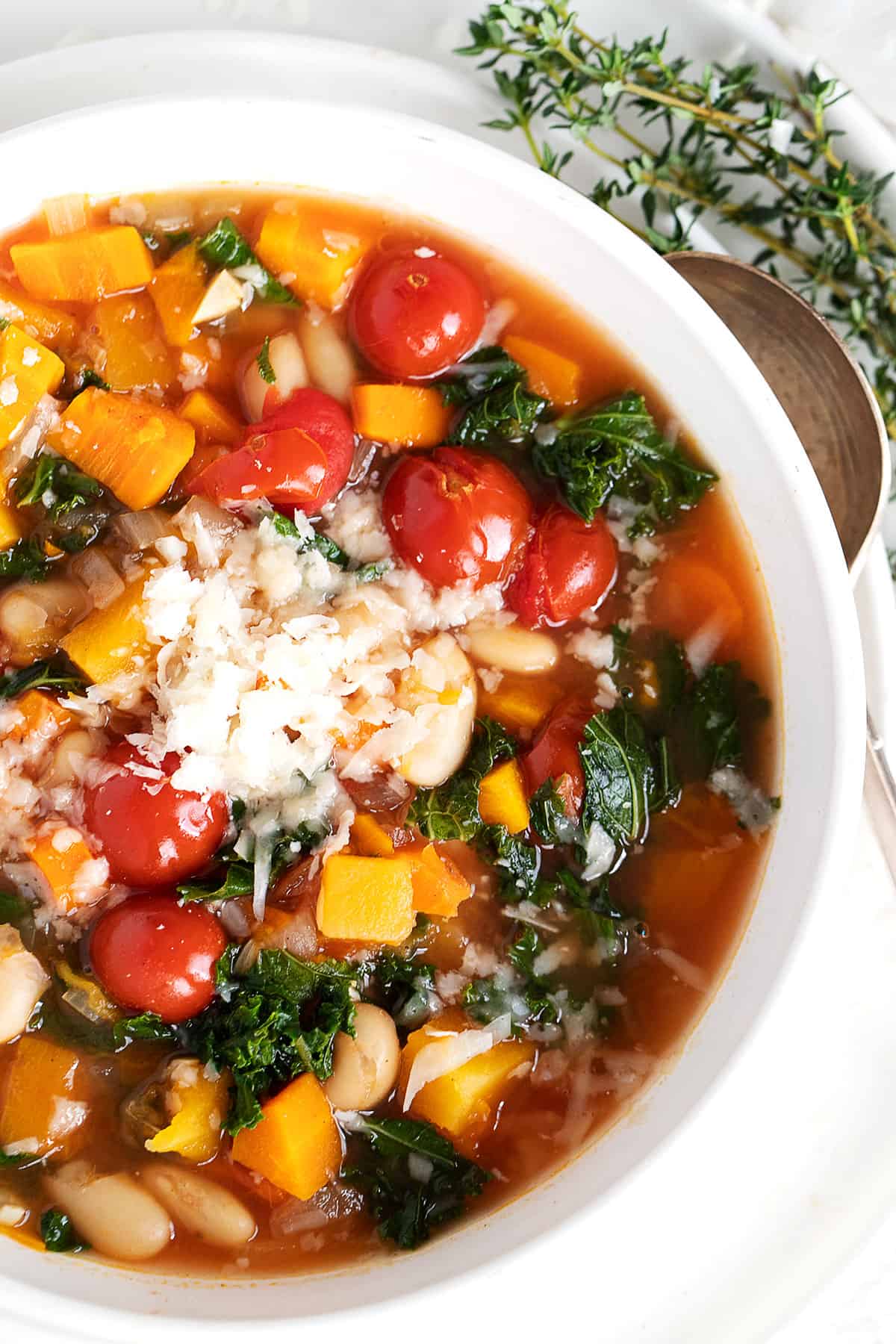 Fall vegetable soup in white bowl