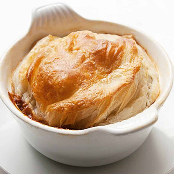 beef and guinness pot pie with puff pastry topping