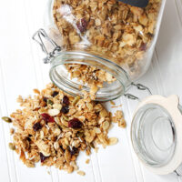 maple granola spilling out of jar
