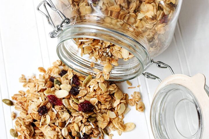 maple granola spilling out of jar