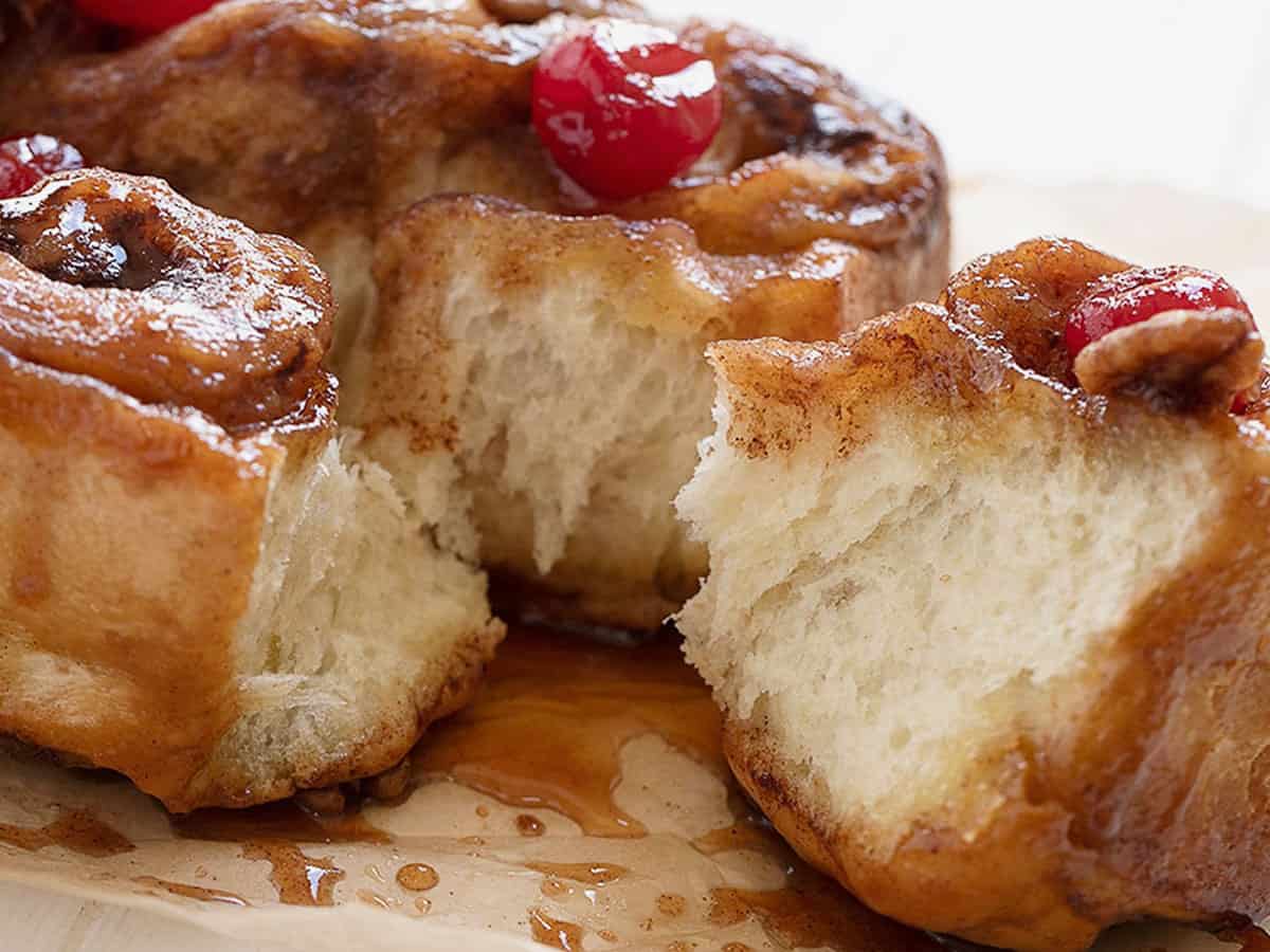 sticky chelsea bun loaf on parchment paper