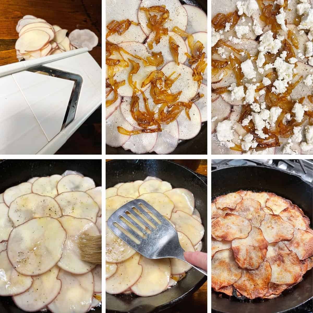 photo collage of steps to make potato galette