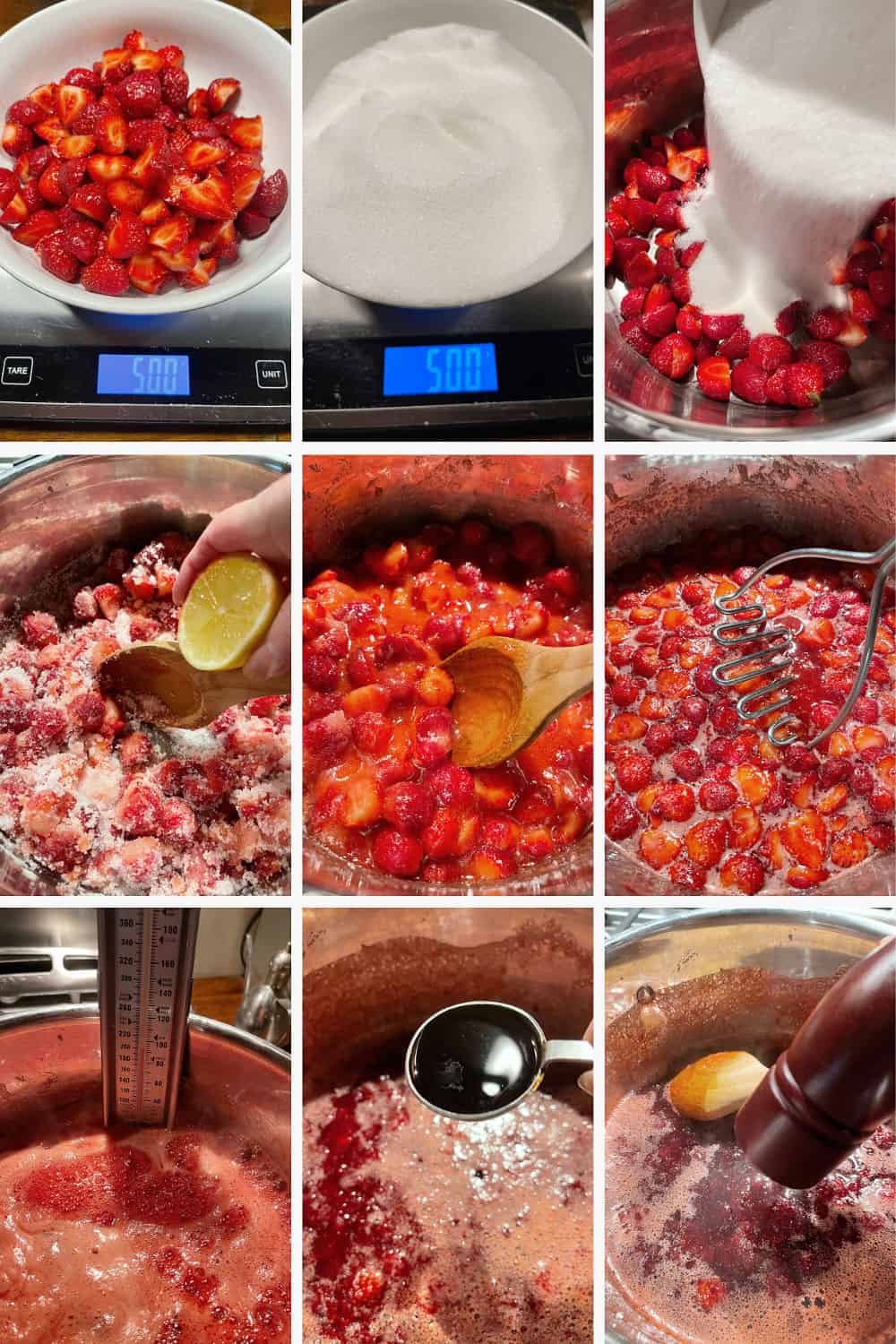 photo collage of steps to make Strawberry Balsamic Jam