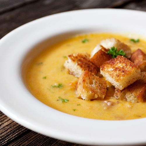Roasted Butternut Chowder with Bacon Croutons