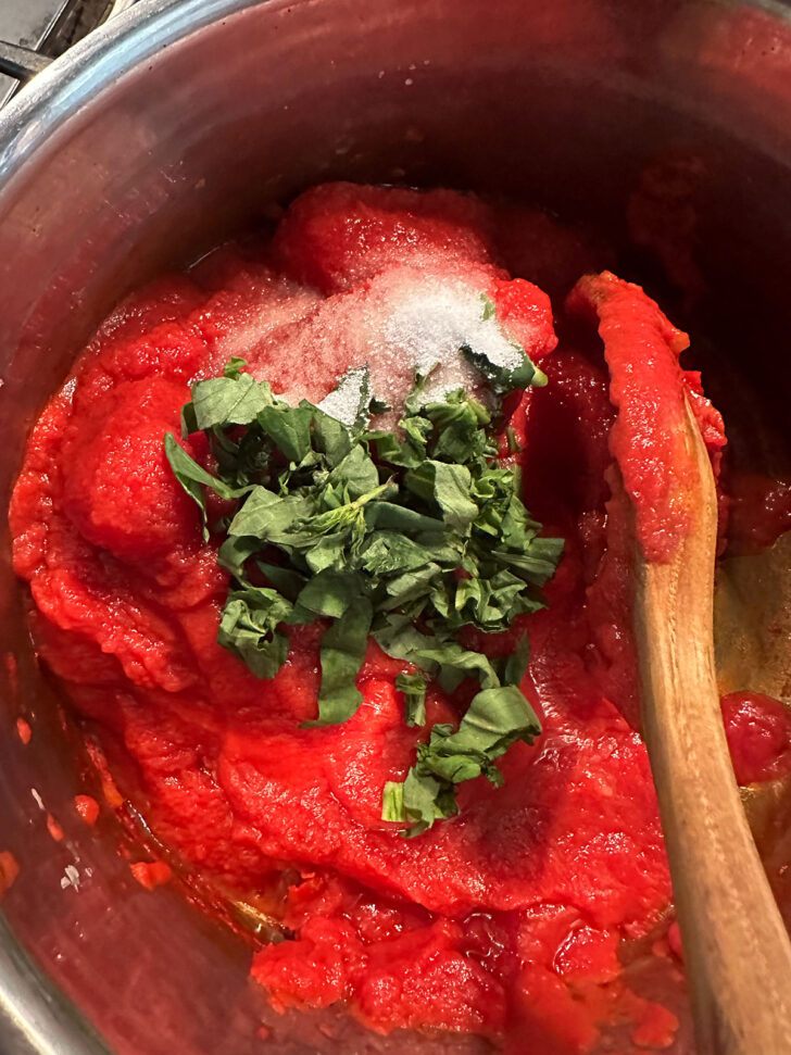 tomato sauce ingredients in saucepan