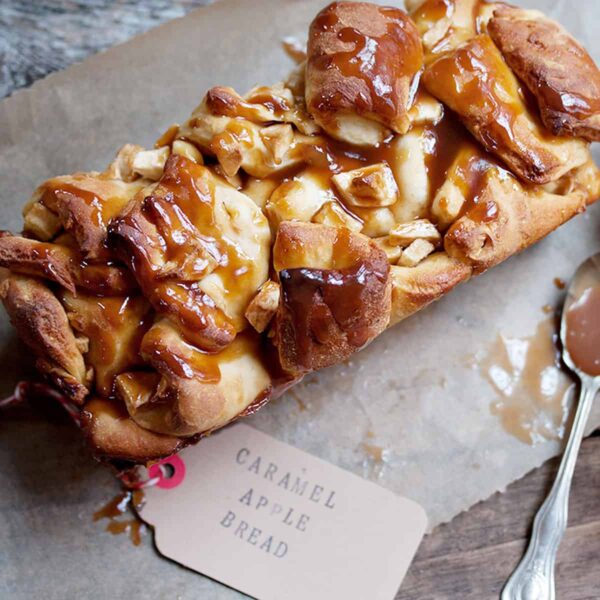 chopped apple yeast bread with caramel sauce