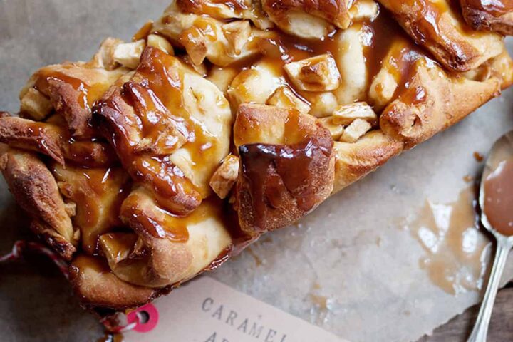 chopped apple yeast bread with caramel sauce