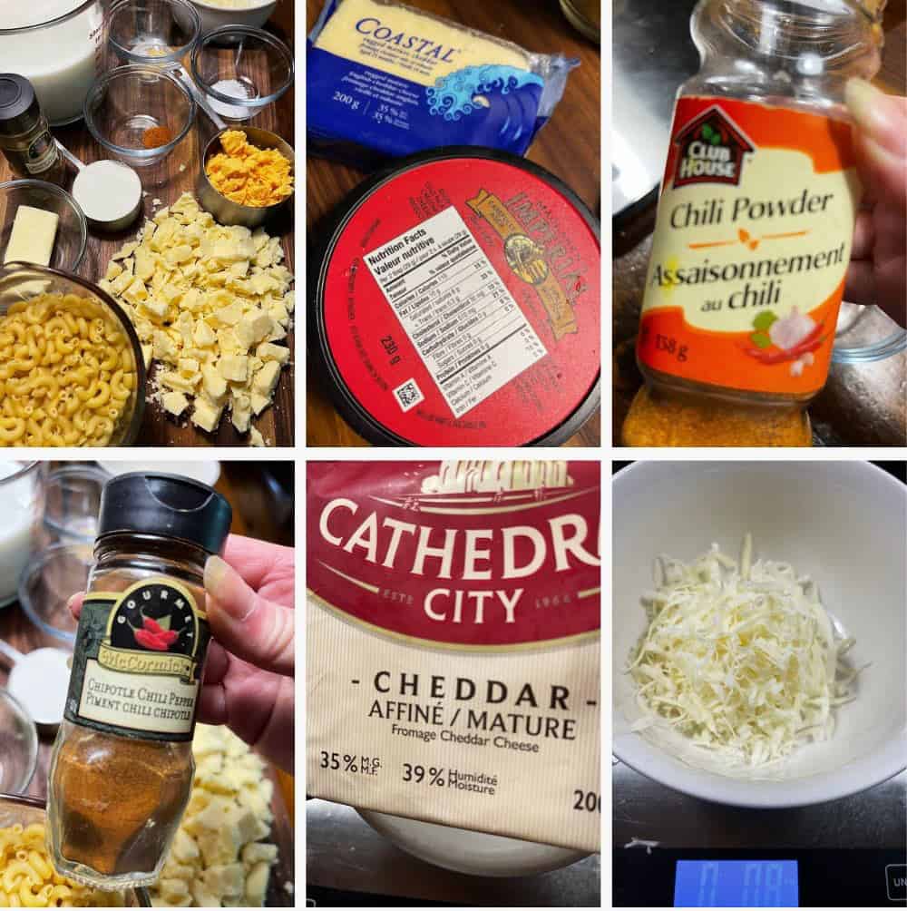 photo collage of ingredients for creamy mac and cheese