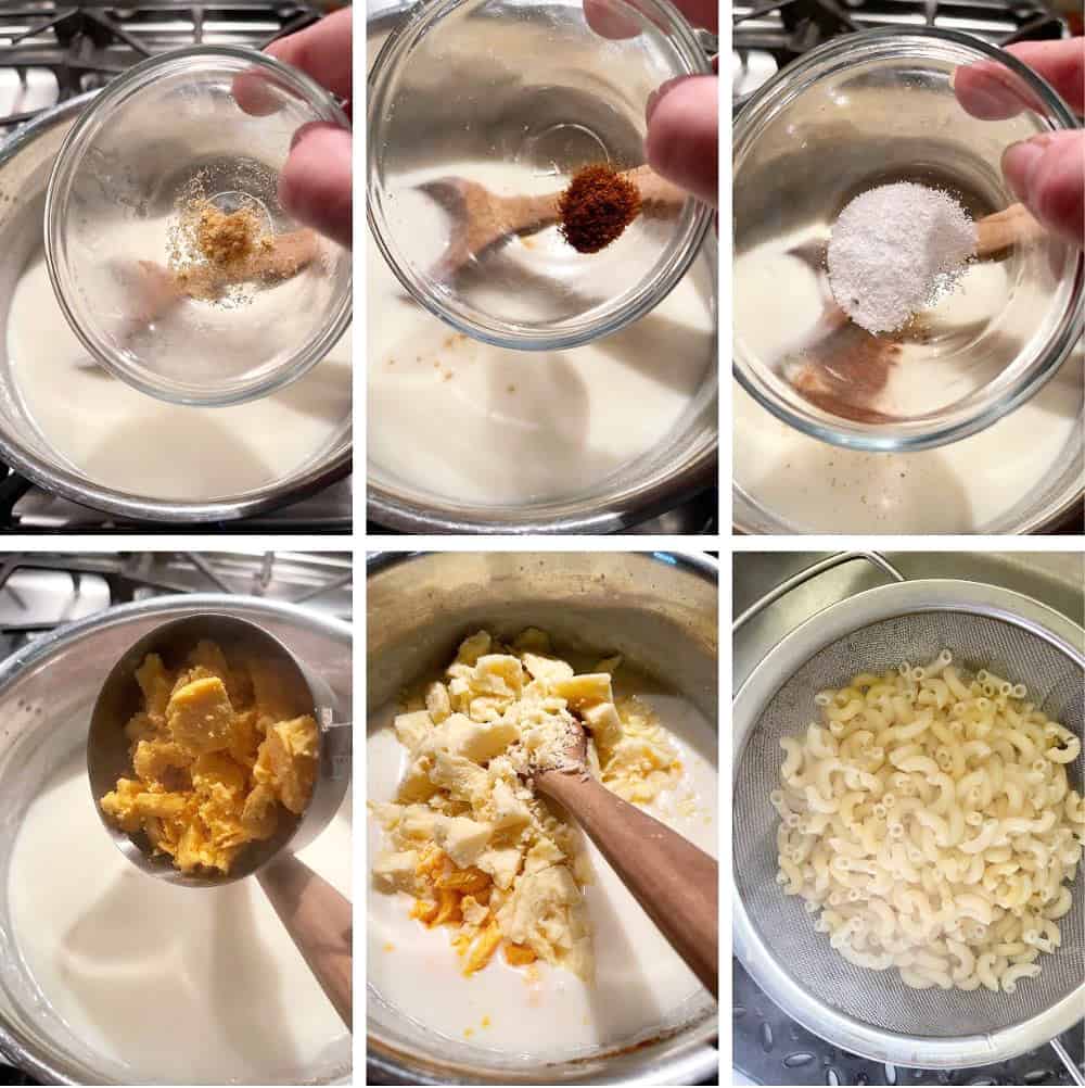 Photo collage of steps to make creamy mac and cheese 2