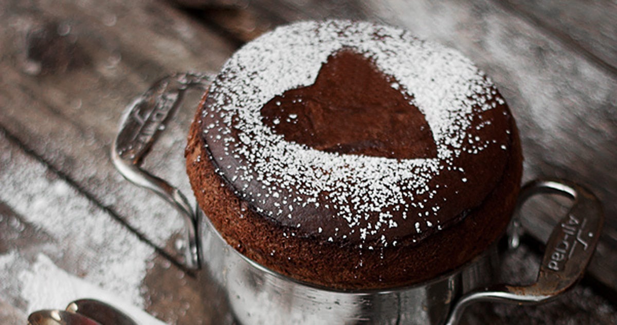 chocolate soufflé with powdered sugar heart on top