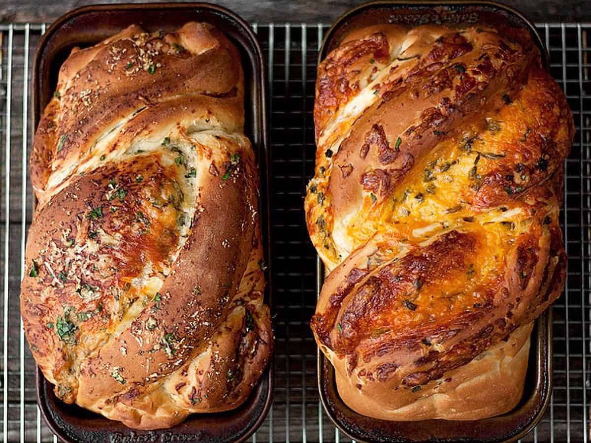 homemade cheese bread in loaf pans