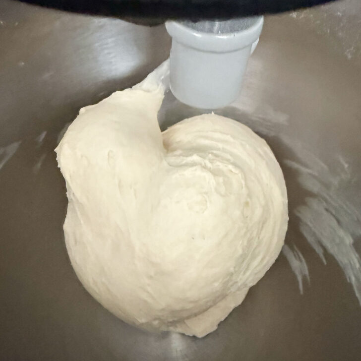Finished cheese bread dough in the mixing bowl.