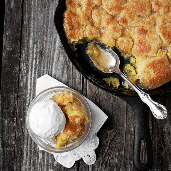 maple pudding cake in skillet and spooned into bowl