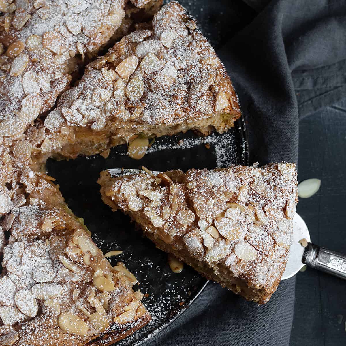 rhubarb sour cream cake sliced