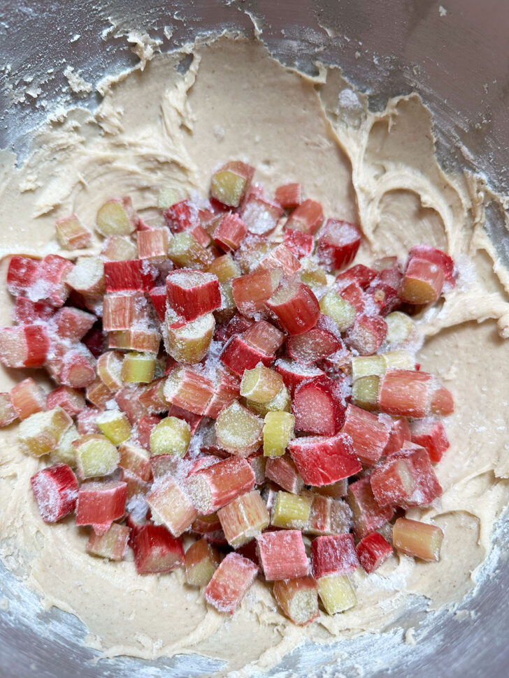 Adding the rhubarb to the batter.