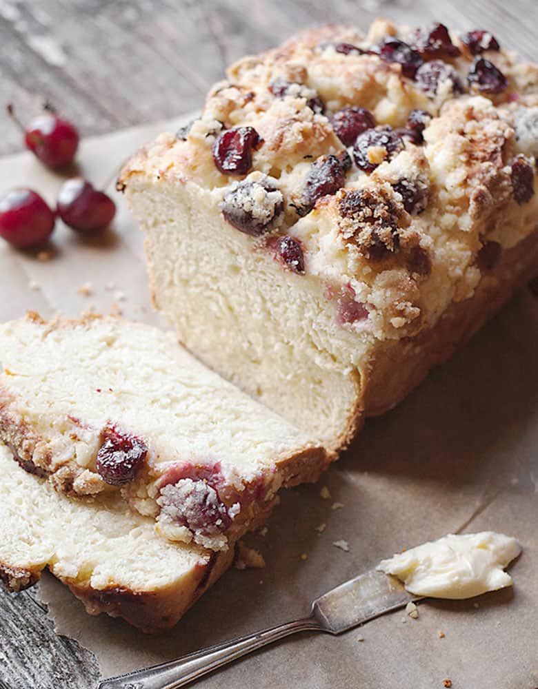 fresh cherry yeast bread with a crumble topping