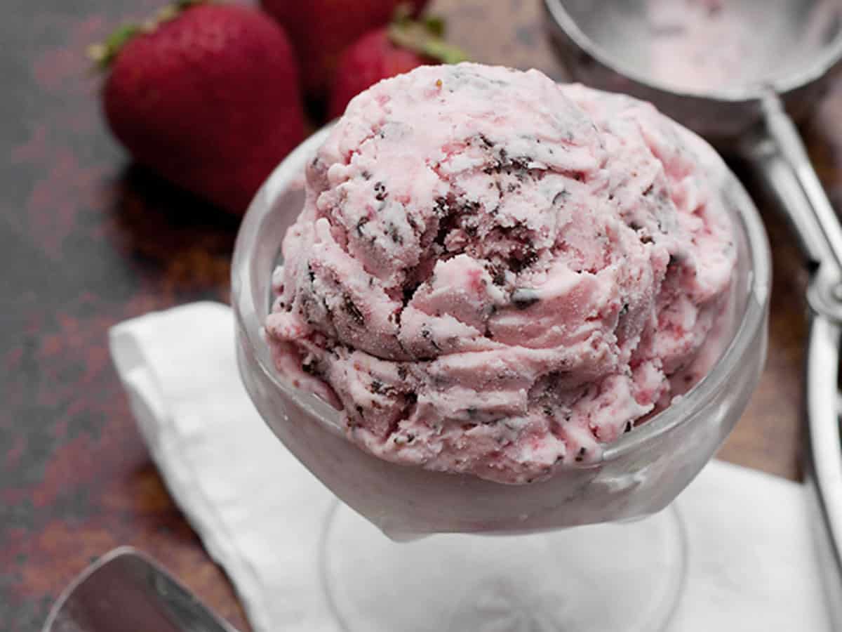 chocolate covered strawberry ice cream in ice cream bowl with scoop