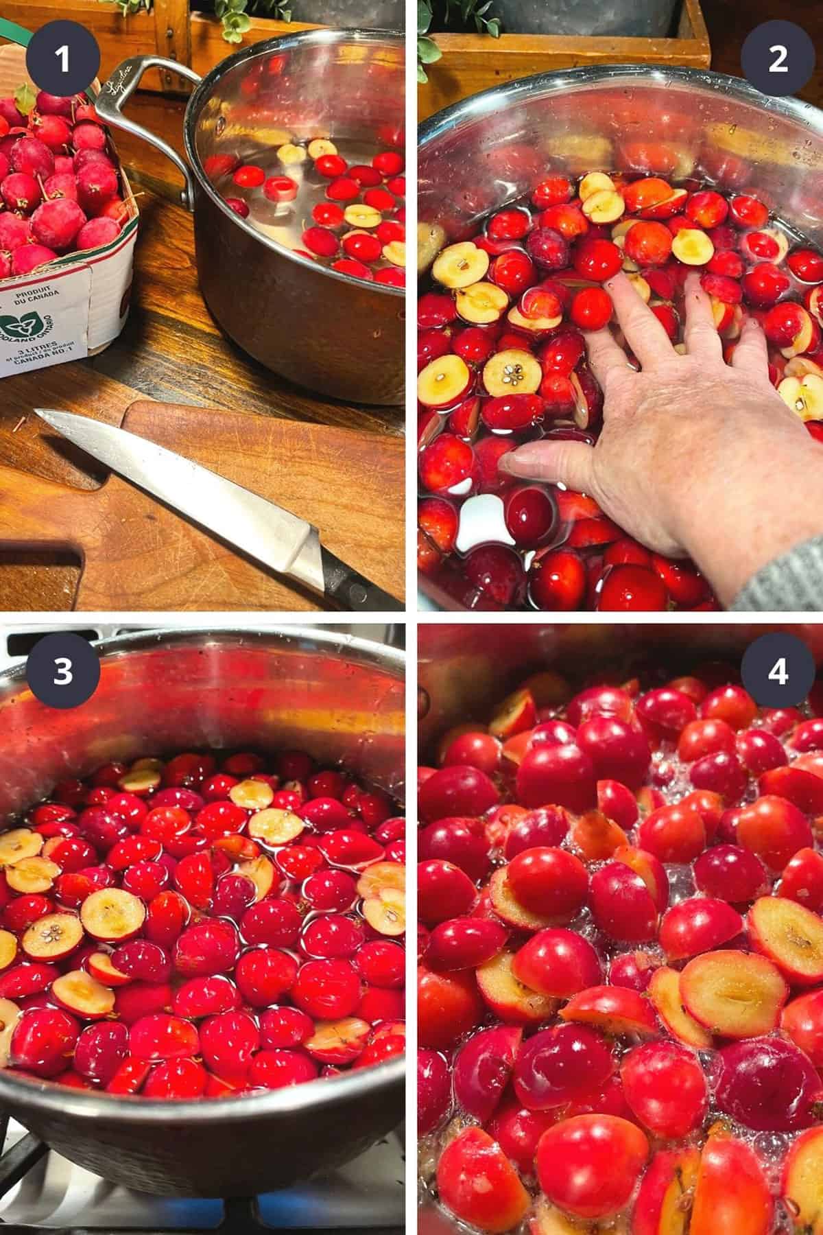 photo collage of steps to make crab apple jelly 1