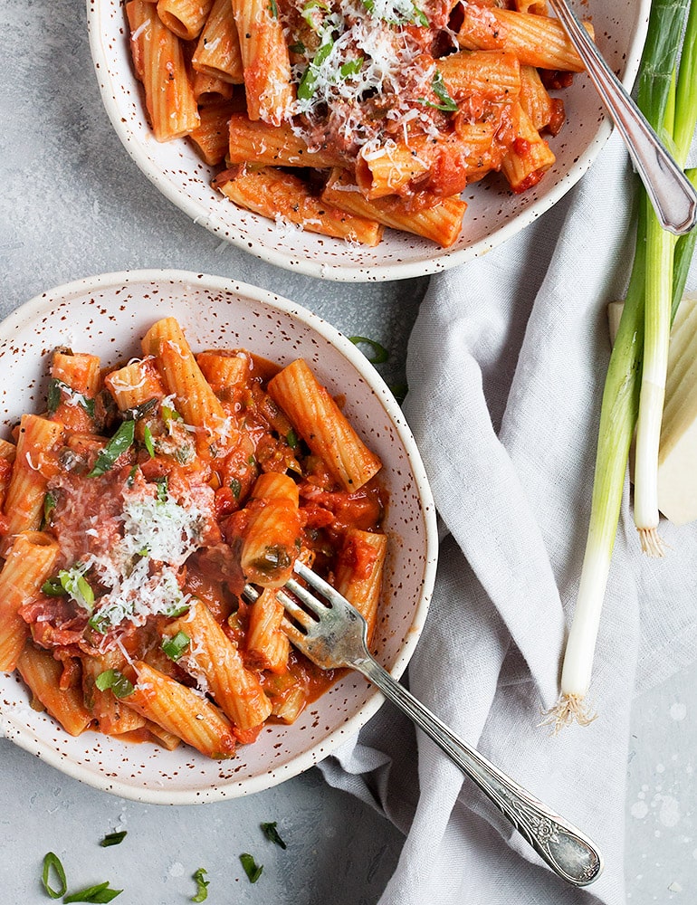 Rigatoni with Green Onion and Pancetta Tomato Sauce