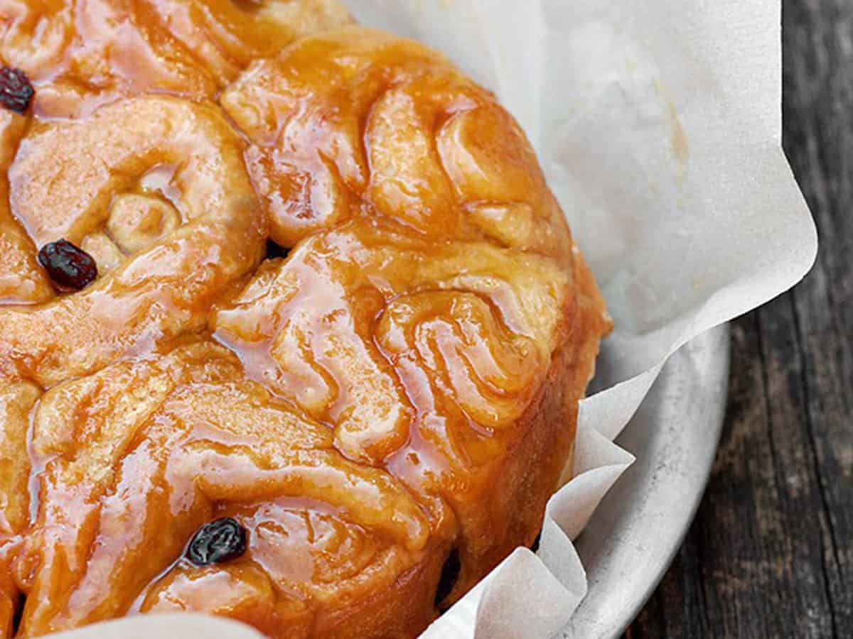 homemade honey buns in baking tray