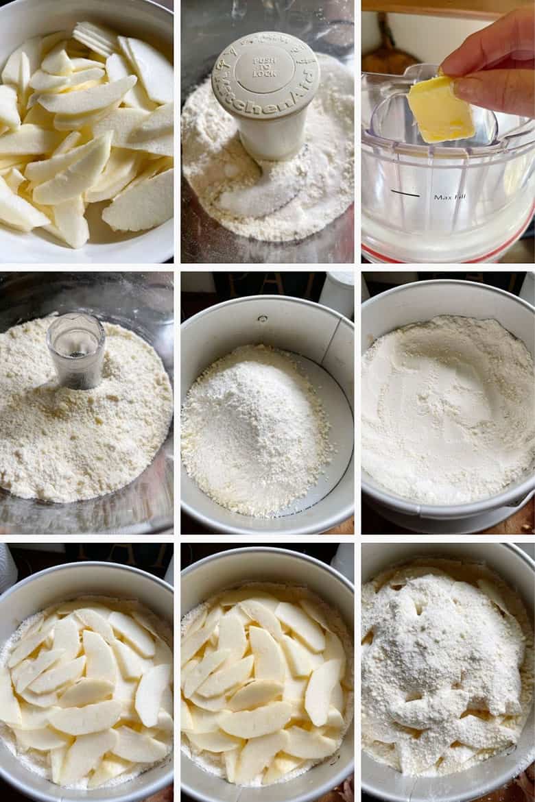 photo collage of steps to make creamy apple crumble cake 1