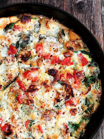 potato and bacon frittata in cast iron skillet