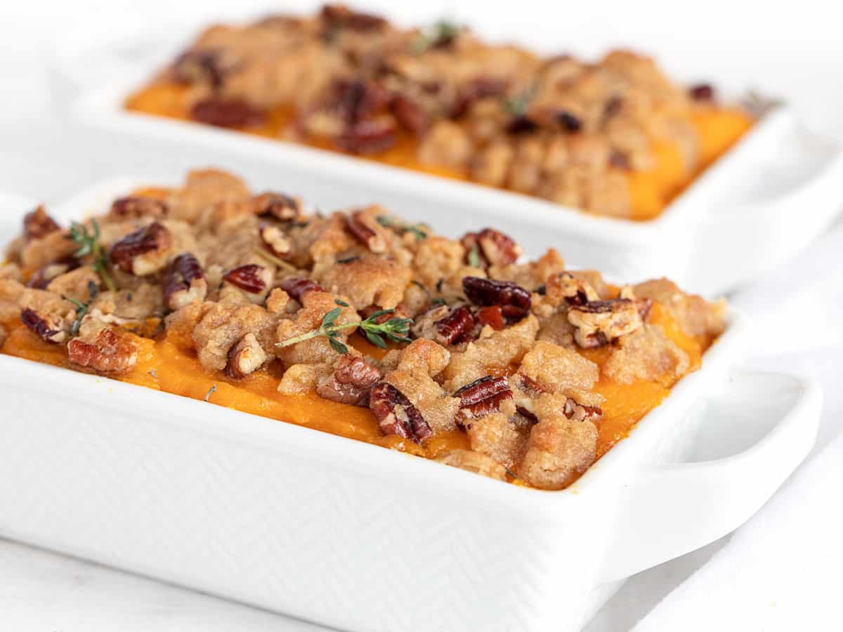 roasted butternut squash casserole in dishes