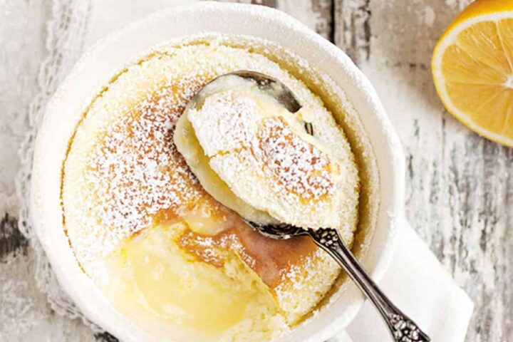 lemon pudding cakes in white tea cups