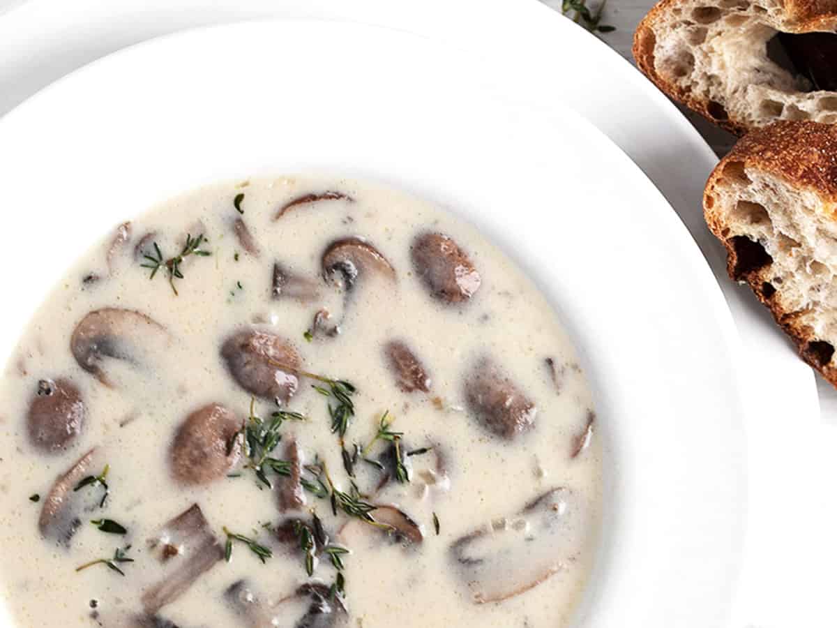 mushroom soup in white bowl with bread
