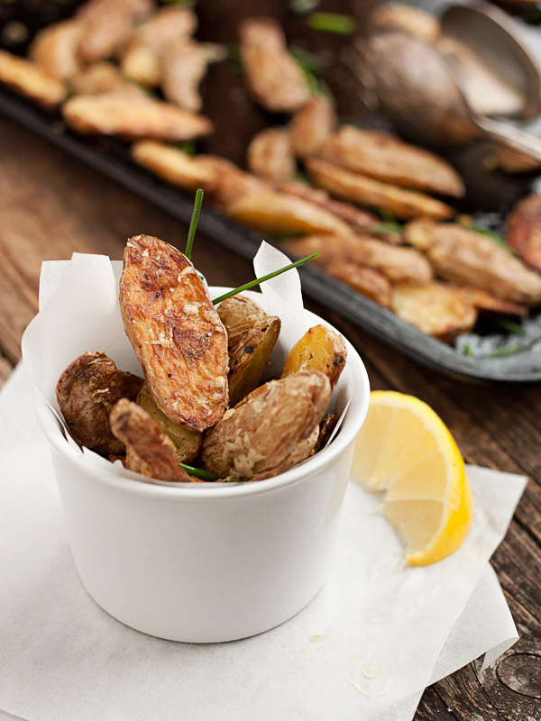 Crispy Roasted Fingerling Potatoes with Parmesan and Chives