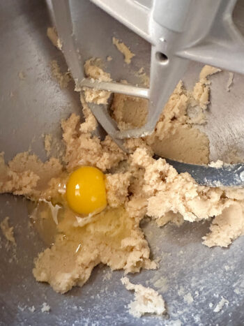 adding egg to dough in mixer