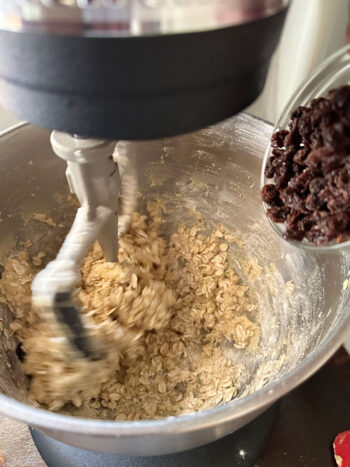 adding raisins to dough
