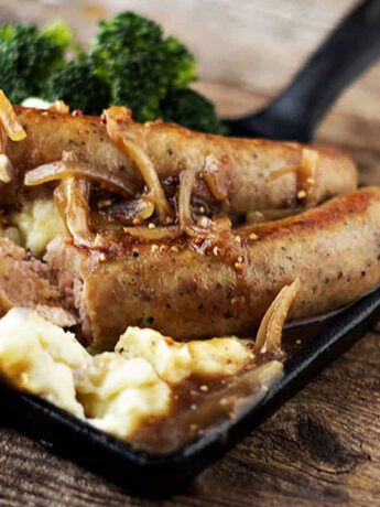 bangers and mash in small cast iron skillet