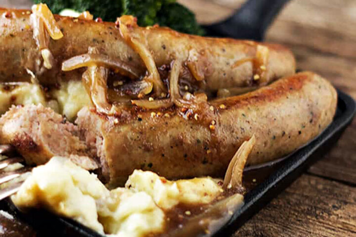 bangers and mash in small cast iron skillet