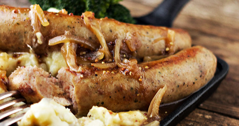 bangers and mash in a skillet