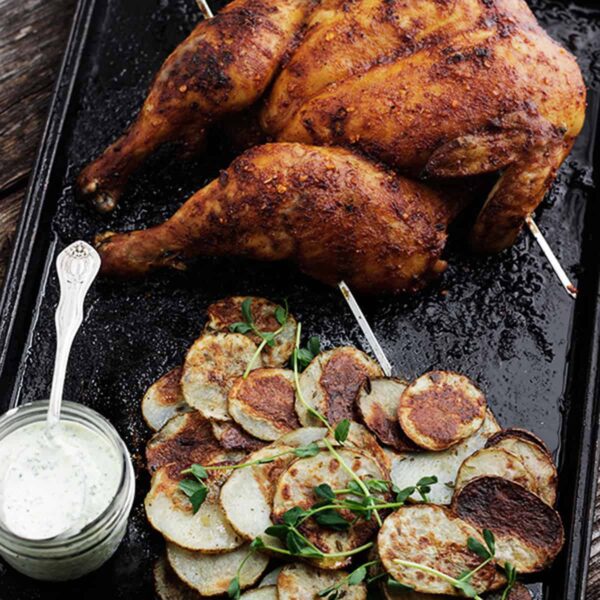 piri piri spatchcocked chicken with potatoes