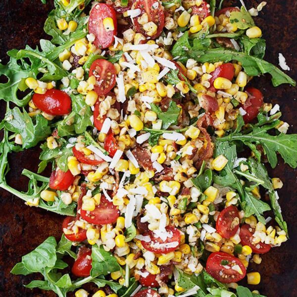 grilled corn salad with tomatoes and arugula