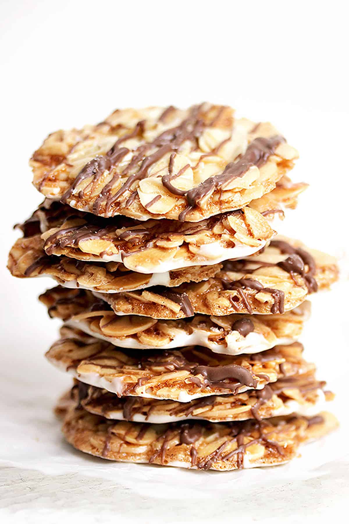 almond florentine cookies with chocolate drizzle